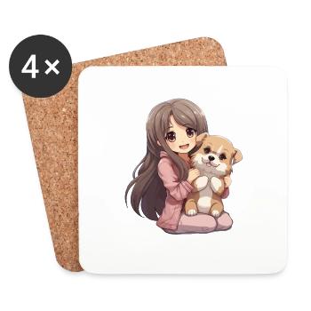 Kawaii Girl Anime Manga Fille et Chien - Dessous de verre (lot de 4) - blanc - Devant