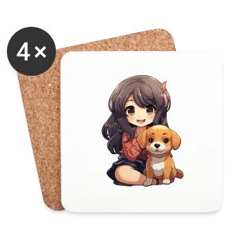 Kawaii Girl Anime Manga Fille et Chien - Dessous de verre (lot de 4) - blanc - Devant