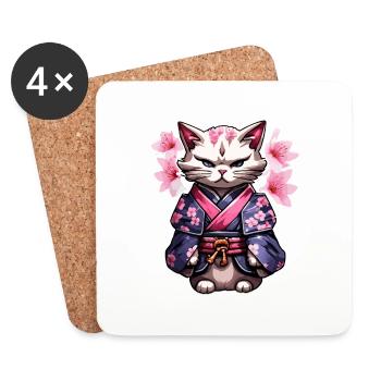 Chat samouraï & fleurs de cerisier #5 - Dessous de verre (lot de 4) - blanc - Devant