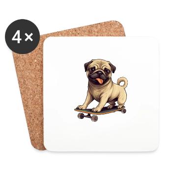 Chien carlin mignon sur une planche à roulettes - Dessous de verre (lot de 4) - blanc - Devant
