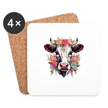 Kuh mit Blumen - Untersetzer (4er-Set) - Weiß - Vorne