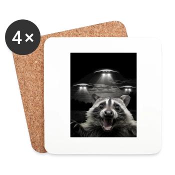 Funny raccoon selfie in front of UFOs Raccoon UFO - Coasters (set of 4) - white - Front