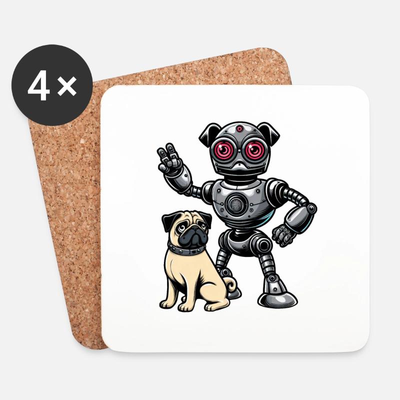 Mops Roboter und Herrchen Freunde - Untersetzer (4er-Set) - Weiß