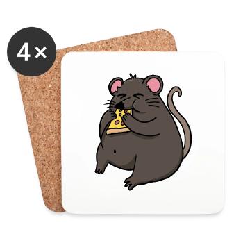 Fat Mouse Eating Pizza Funny Comic Style - Coasters (set of 4) - white - Front
