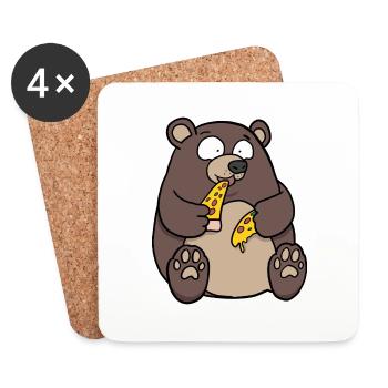 Fat Bear Eating Pizza Funny Comic Style hand drawn - Coasters (set of 4) - white - Front
