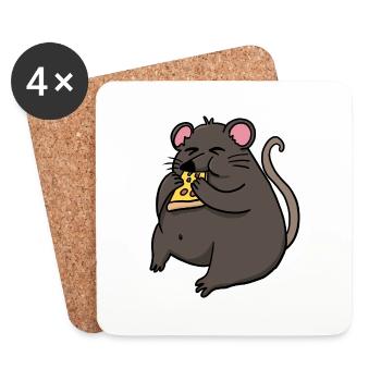 Fat Mouse Eating Pizza Funny Comic Style - Coasters (set of 4) - white - Front
