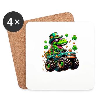 St Patricks jour dinosaure Leprechaun Monster Truck - Dessous de verre (lot de 4) - blanc - Devant