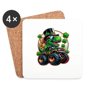 St Patricks jour dinosaure Leprechaun Monster Truck - Dessous de verre (lot de 4) - blanc - Devant