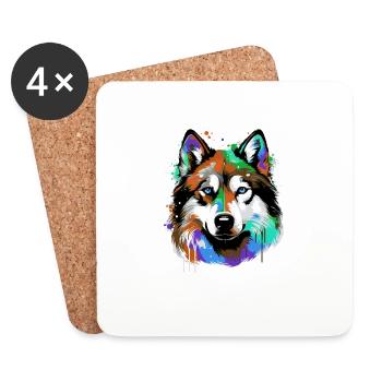 Portrait de tête de chien husky coloré - Dessous de verre (lot de 4) - blanc - Devant