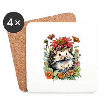 Hedgehog and Zinnias - Coasters (set of 4) - white - Front