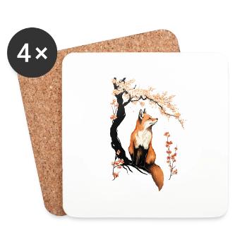 Fox & Sakura: Wildlife and Spring Landscape - Coasters (set of 4) - white - Front