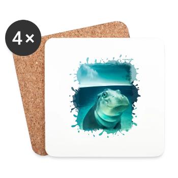 Hippopotame, bleu, peinture, bébé, eau - Dessous de verre (lot de 4) - blanc - Devant
