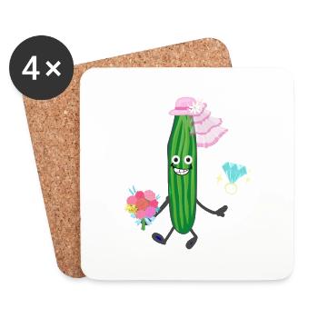 Cucumber, bride, bachelor party, bridal bouquet, ring, engagement - Coasters (set of 4) - white - Front