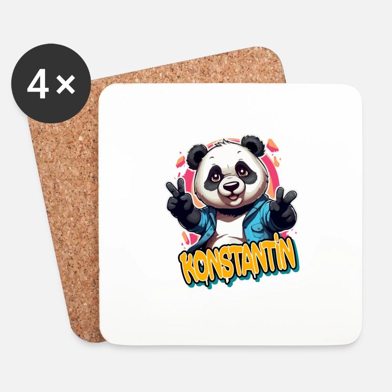 KONSTANTIN - Schöner Jungen Name mit coolem Panda - Untersetzer (4er-Set) - Weiß