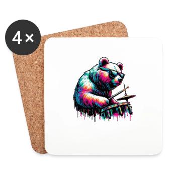 Splash Art Bear Jouer de la batterie tambour batteur - Dessous de verre (lot de 4) - blanc - Devant