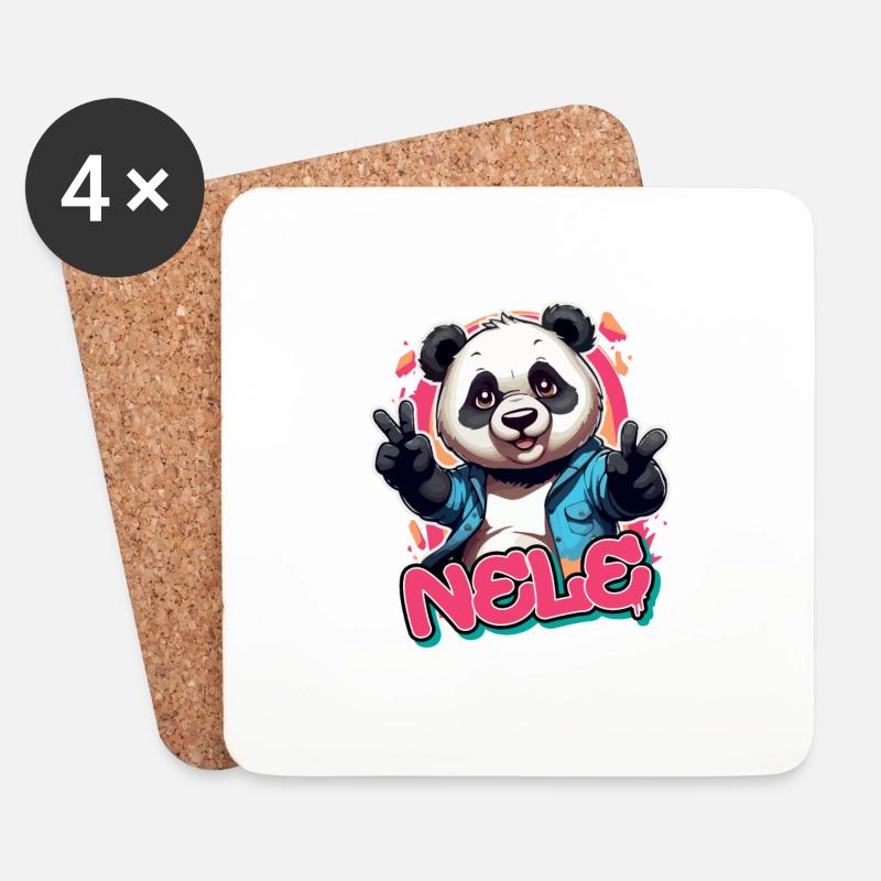 NELE - Schöner Mädchen Name mit coolem Panda - Untersetzer (4er-Set) - Weiß