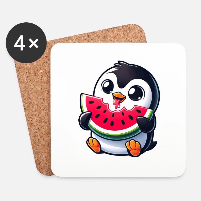 Pinguin mit Wassermelone Cartoon - Untersetzer (4er-Set) - Weiß