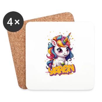 YAREN - Schöner Mädchen Name mit süßem Einhorn - Untersetzer (4er-Set) - Weiß - Vorne