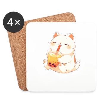 Katze die Bubble Tee trinkt Boba and Cats Anime - Untersetzer (4er-Set) - Weiß - Vorne