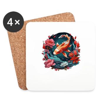 Vintage 80s Retro Japanese Asian Koi Carp - Coasters (set of 4) - white - Front