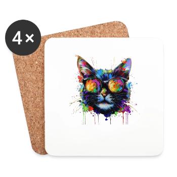 Cool Sunglasses Cat Covered In Rainbow Paint - Coasters (set of 4) - white - Front