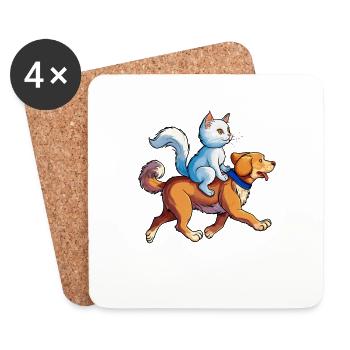 CAT RIDES DOG - Coasters (set of 4) - white - Front