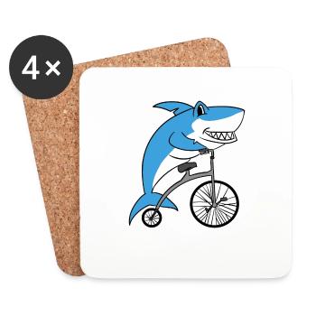 Shark Riding Retro Bicycle With Big Wheel Cyclist - Coasters (set of 4) - white - Front