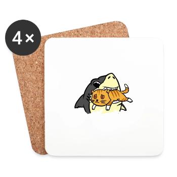 Hai essen Kätzchen T-Shirt Lustiger Hai Und Katze - Untersetzer (4er-Set) - Weiß - Vorne