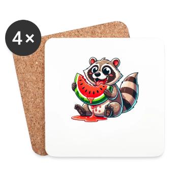 Raccoon Melon Watermelon Cute Cartoon Summer - Coasters (set of 4) - white - Front
