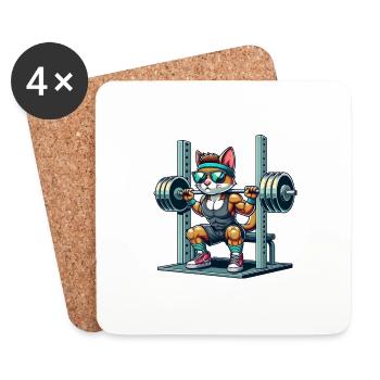 Chat de dessin animé cool accroupi dans le gymnase - Dessous de verre (lot de 4) - blanc - Devant