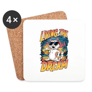 Cat and Beer, Living a Dream - Humor - Coasters (set of 4) - white - Front
