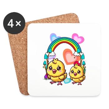 Rainbow Chickens Chick Chicken Heart Spring Child - Coasters (set of 4) - white - Front