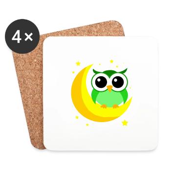 Green Owl On Moon Cartoon Predator Bird Nocturnal - Coasters (set of 4) - white - Front