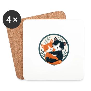 Two Cats Hugging in a Circular Frame - Coasters (set of 4) - white - Front