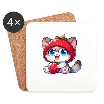Chapeau de fruits de fraise de chat mignon fantaisiste - Dessous de verre (lot de 4) - blanc - Devant