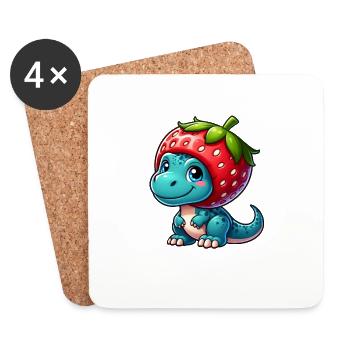 Sweet Dino T-Rex Strawberry Fruity Hat Whimsical - Coasters (set of 4) - white - Front