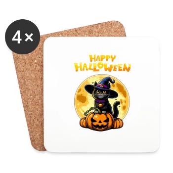 Happy Halloween Pumpkin Cat Full Moon Cute Fun - Coasters (set of 4) - white - Front