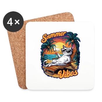 chat sur la plage pour l'été - Dessous de verre (lot de 4) - blanc - Devant