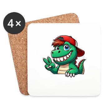 Cute Dinosaur T-Rex Cartoon Peace Sign La - Coasters (set of 4) - white - Front