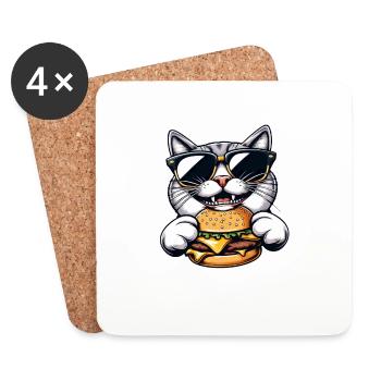 Chat nerd cool mangeant hamburger cheeseburger - Dessous de verre (lot de 4) - blanc - Devant