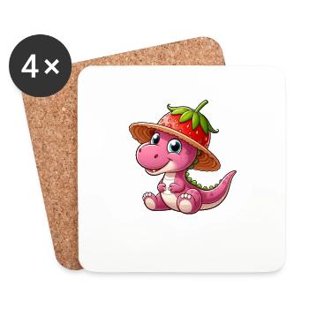 Süßer Dino Trex mit Hut und Erdbeere - Untersetzer (4er-Set) - Weiß - Vorne