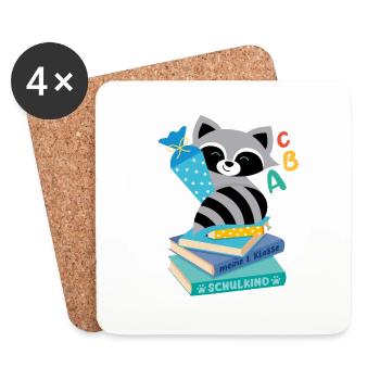Waschbär mit Schultüte auf Bücherstapel - Untersetzer (4er-Set) - Weiß - Vorne