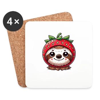 Paresseux mignon avec fraise et chapeau fantaisiste - Dessous de verre (lot de 4) - blanc - Devant