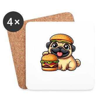 Carlin fantaisiste avec chapeau Cheeseburger Chien de restauration rapide - Dessous de verre (lot de 4) - blanc - Devant