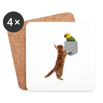 Cat Reaching For Parakeet In Fake Print-On Pocket - Coasters (set of 4) - white - Front