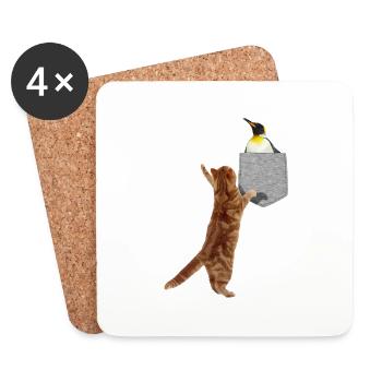 Cat Reaching For Penguin In Fake Print-On Pocket - Coasters (set of 4) - white - Front