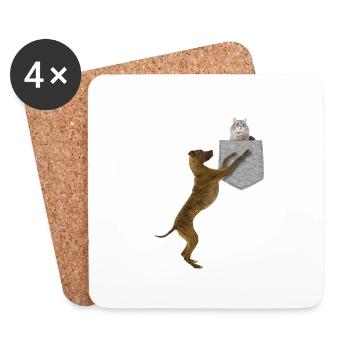 Chien atteignant le chat dans une fausse poche Animal drôle - Dessous de verre (lot de 4) - blanc - Devant