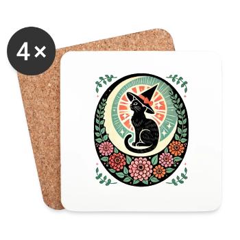 Vintage Schwarze Katze Hexe - Untersetzer (4er-Set) - Weiß - Vorne