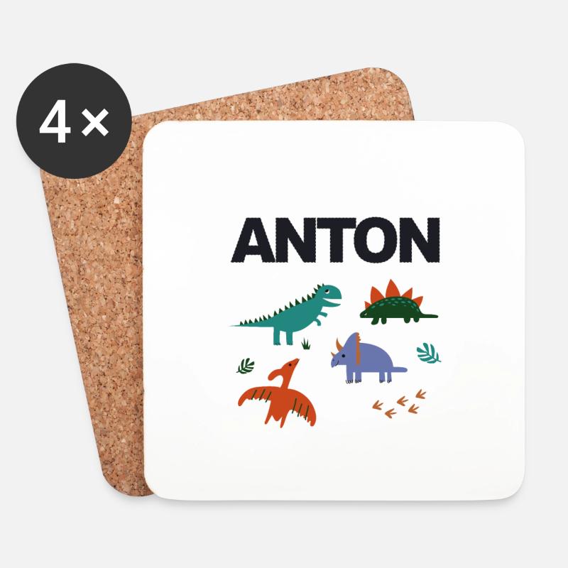 ANTON - Schöner Jungen Name mit Dinosaurier - Untersetzer (4er-Set) - Weiß
