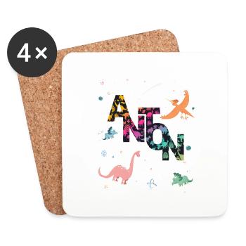ANTON - Schöner Jungen Name mit Dinosaurier - Untersetzer (4er-Set) - Weiß - Vorne